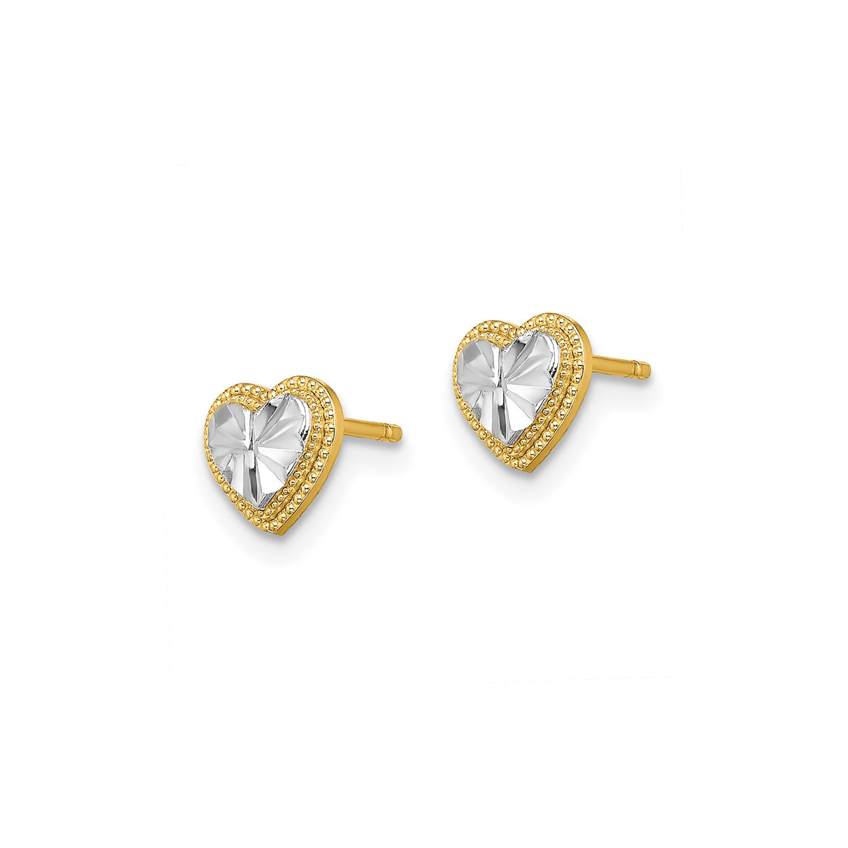 14k Yellow Gold Heart Stud Earrings with Faceted Center and Beaded Border