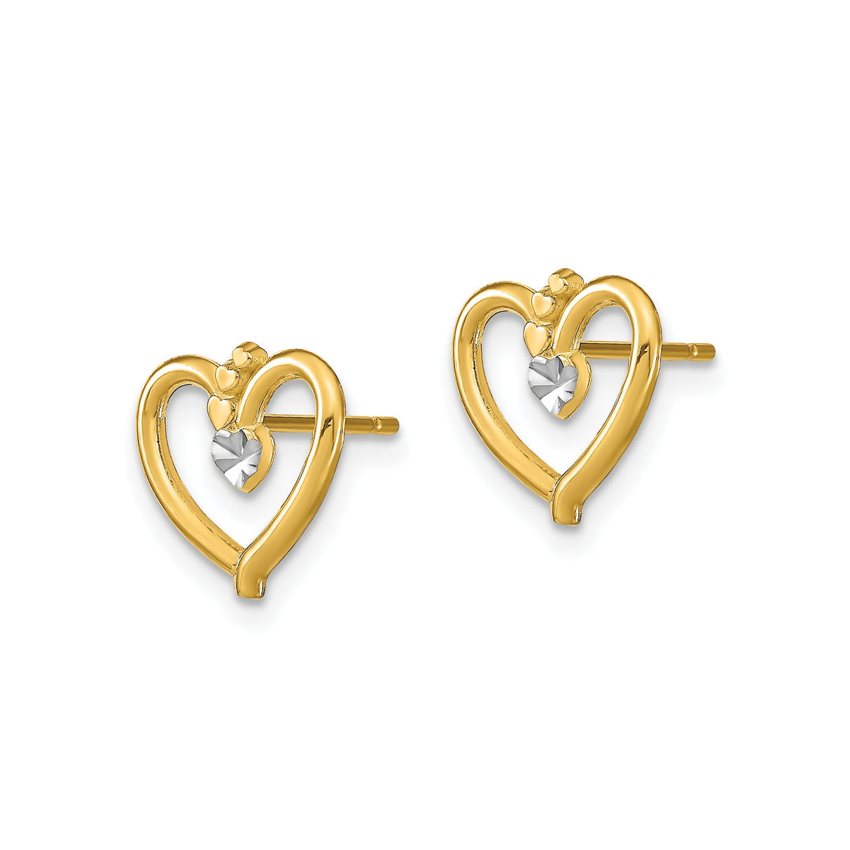 14k Yellow Gold Heart Stud Earrings with Open Two-Heart Design and Rhodium Accents