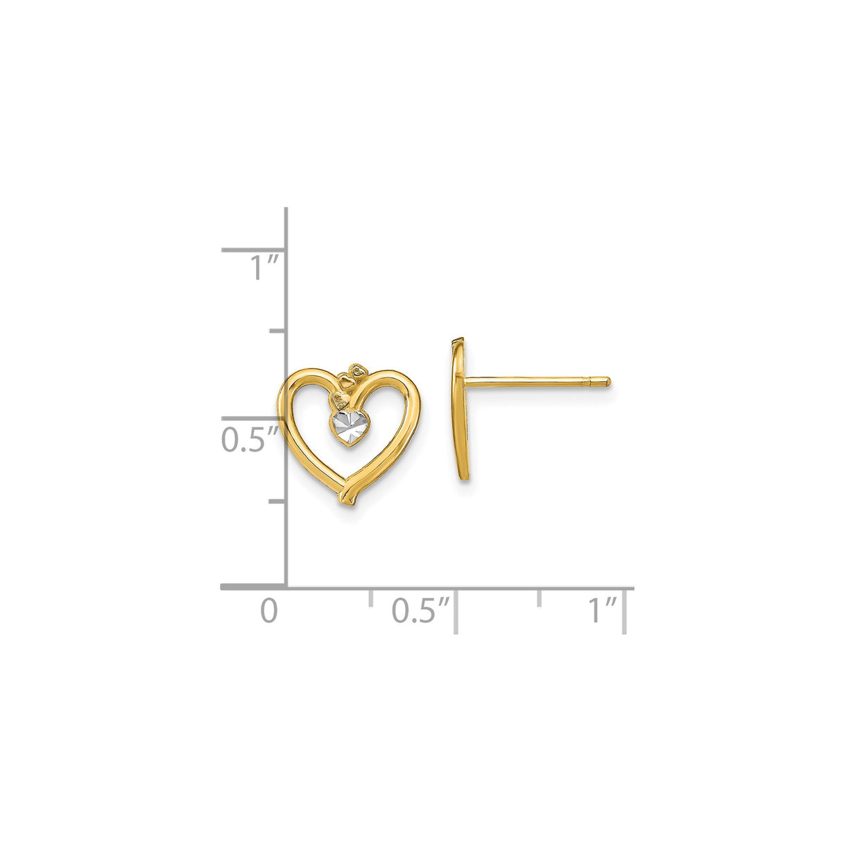 14k Yellow Gold Heart Stud Earrings with Open Two-Heart Design and Rhodium Accents