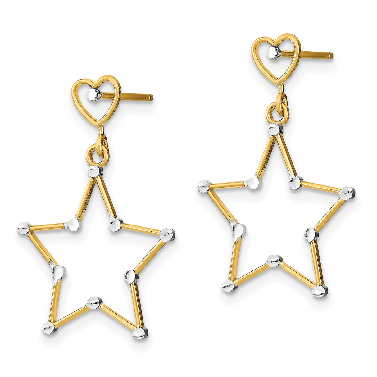 14k Yellow Gold Dangle Earrings with Rhodium Accented Open Star and Heart Design