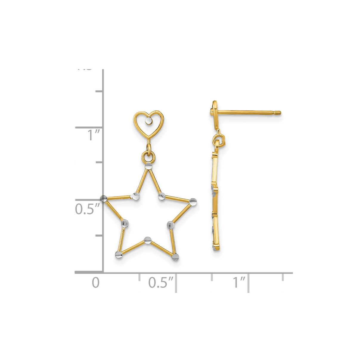 14k Yellow Gold Dangle Earrings with Rhodium Accented Open Star and Heart Design