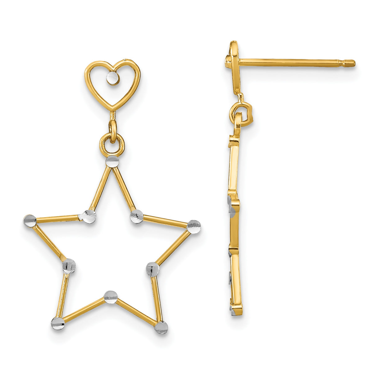 14k Yellow Gold Dangle Earrings with Rhodium Accented Open Star and Heart Design