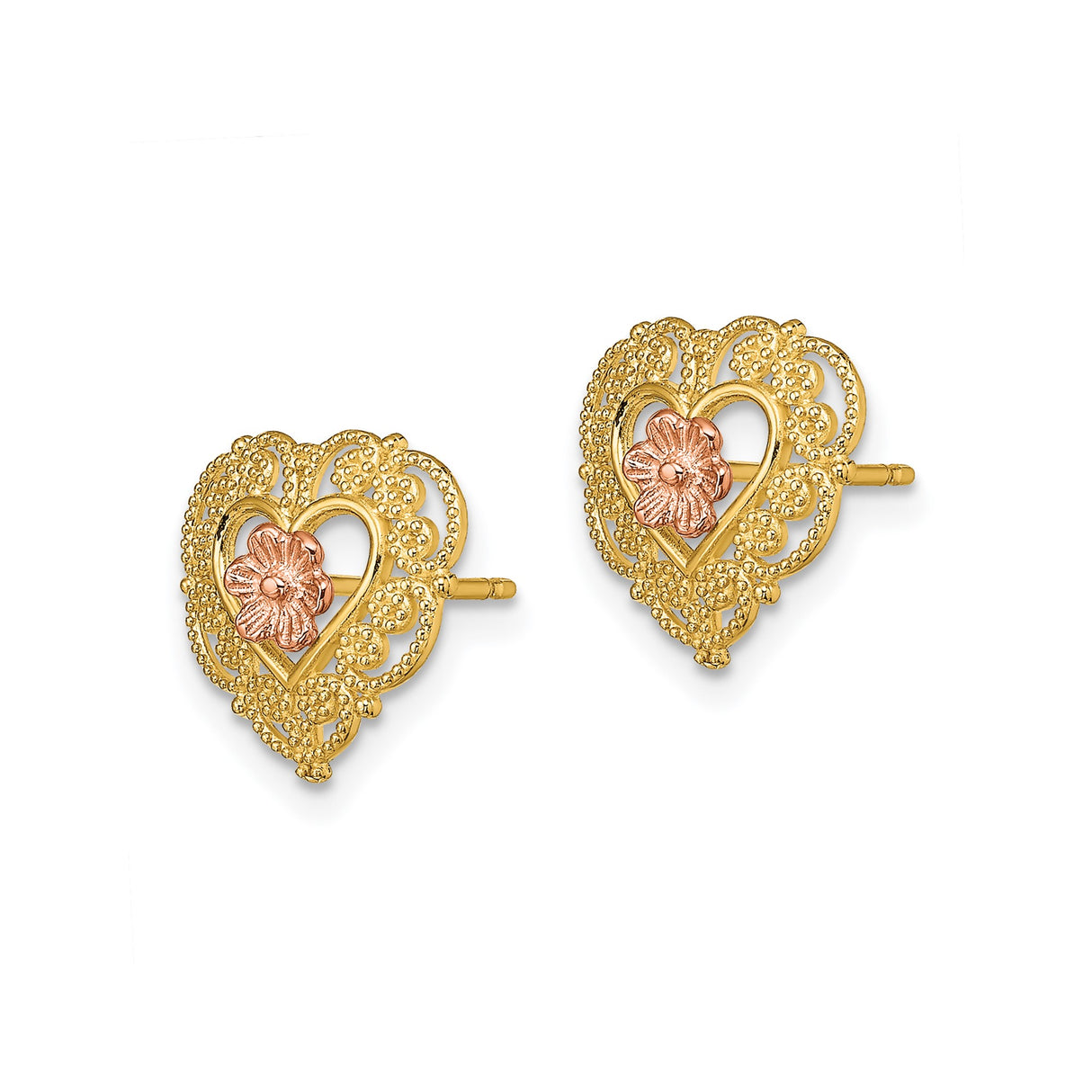 14k Yellow Gold Heart Shaped Stud Earrings with Filigree and Rose Gold Flower Design