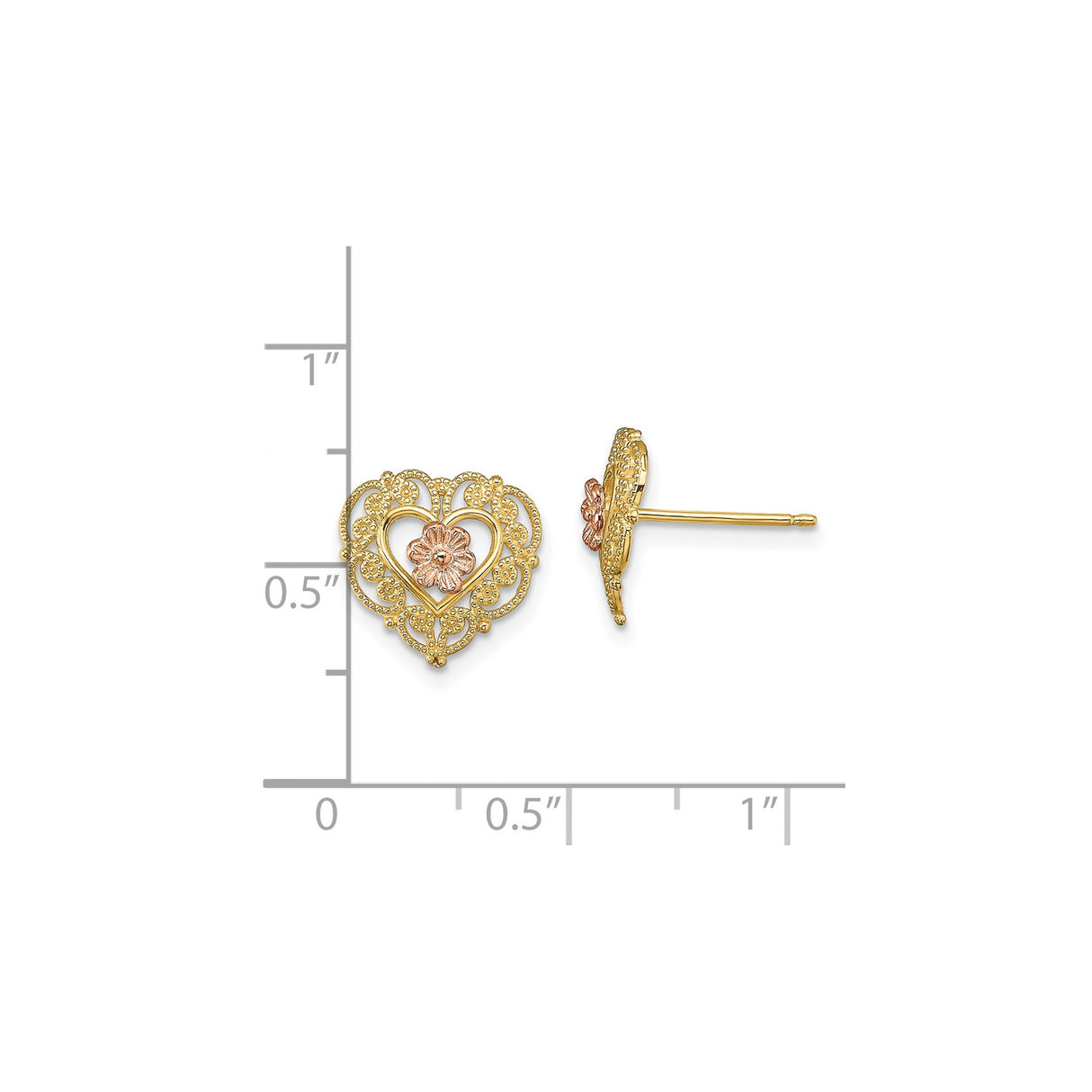 14k Yellow Gold Heart Shaped Stud Earrings with Filigree and Rose Gold Flower Design