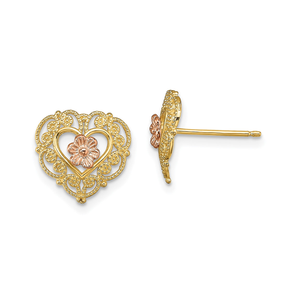 14k Yellow Gold Heart Shaped Stud Earrings with Filigree and Rose Gold Flower Design