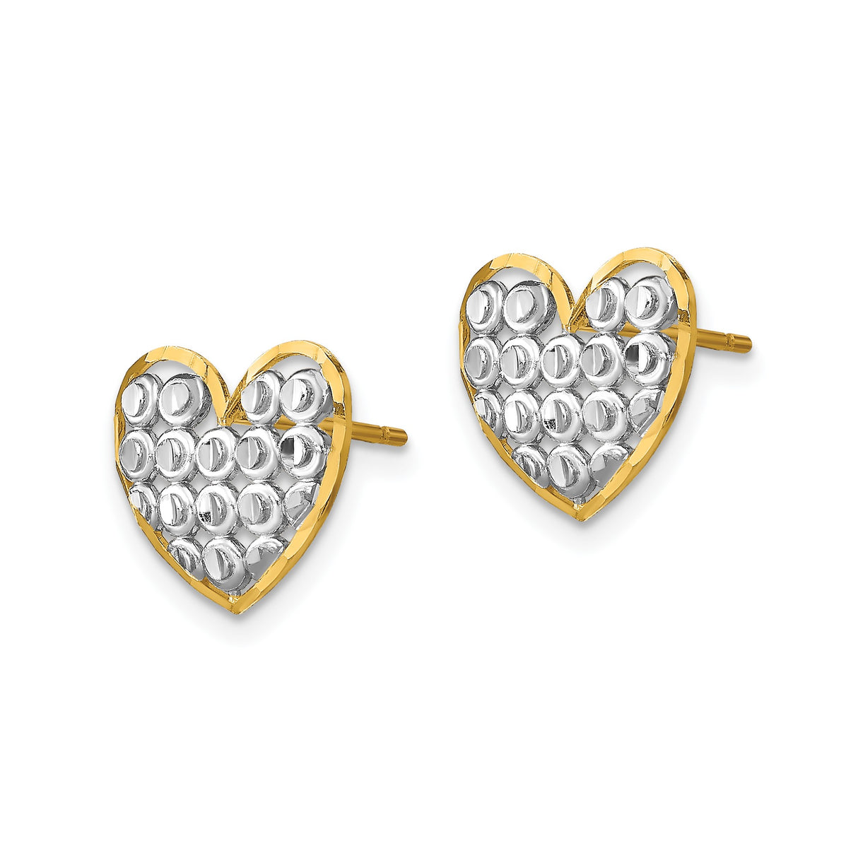 14k Yellow Gold Heart Stud Earrings with Rhodium Openwork and Beaded Texture