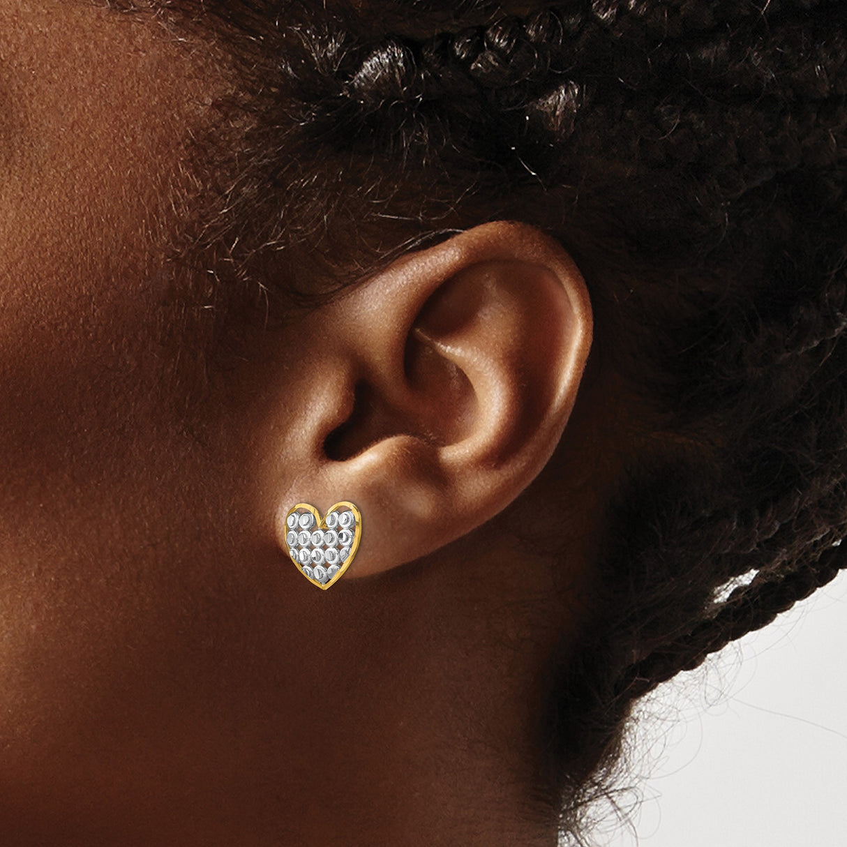 14k Yellow Gold Heart Stud Earrings with Rhodium Openwork and Beaded Texture