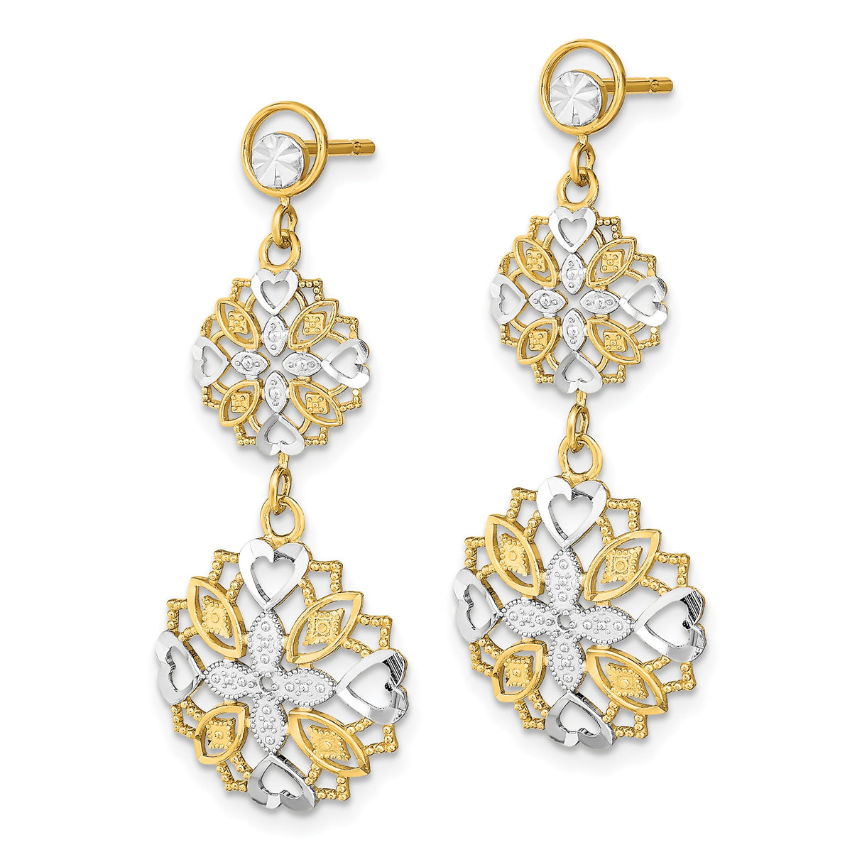 14k Yellow Gold Dangle Earrings with Layered Floral Heart Motifs, Mandala-Inspired Design