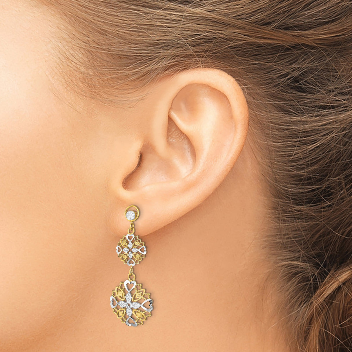 14k Yellow Gold Dangle Earrings with Layered Floral Heart Motifs, Mandala-Inspired Design