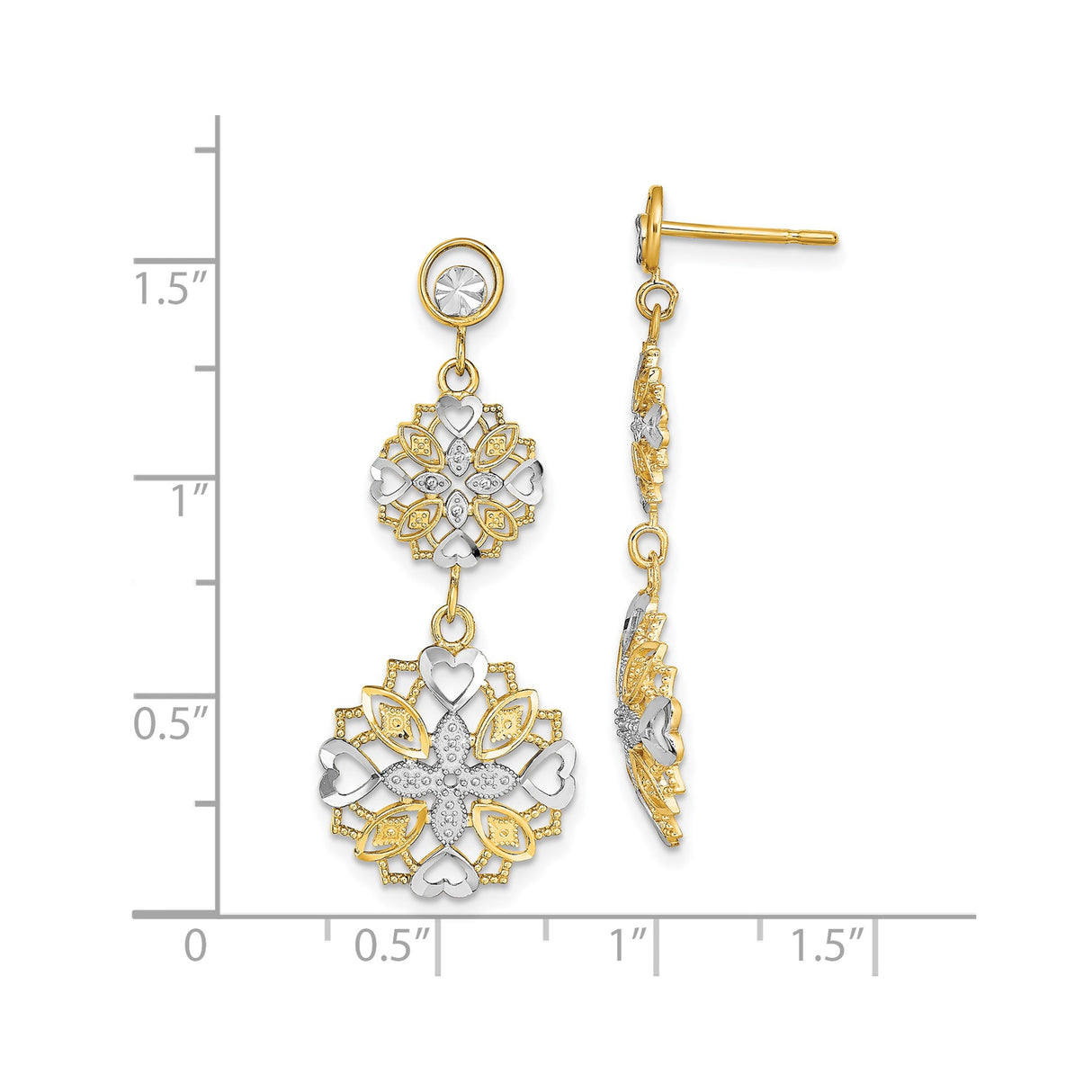 14k Yellow Gold Dangle Earrings with Layered Floral Heart Motifs, Mandala-Inspired Design