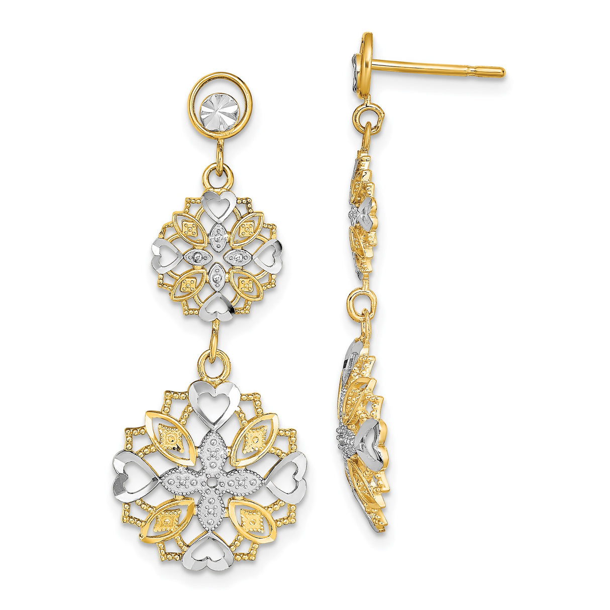 14k Yellow Gold Dangle Earrings with Layered Floral Heart Motifs, Mandala-Inspired Design