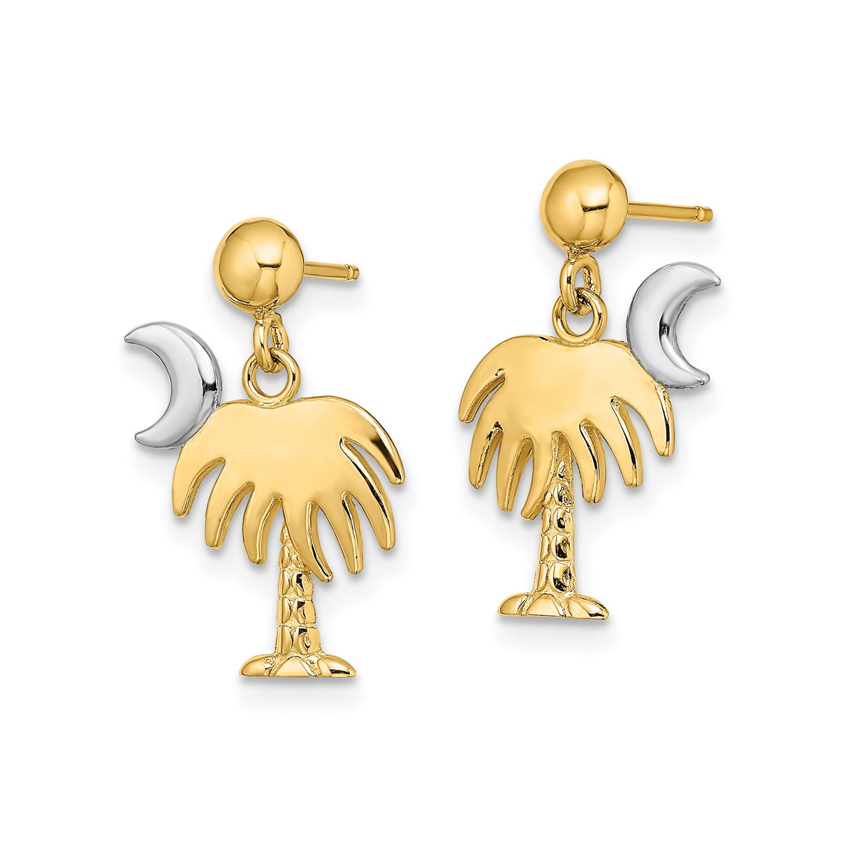 14k Yellow Gold Palm Tree and Crescent Moon Dangle Earrings, Two Tone Southern Style