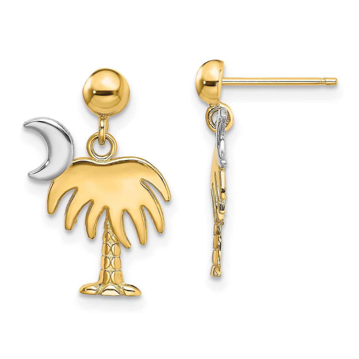 14k Yellow Gold Palm Tree and Crescent Moon Dangle Earrings, Two Tone Southern Style