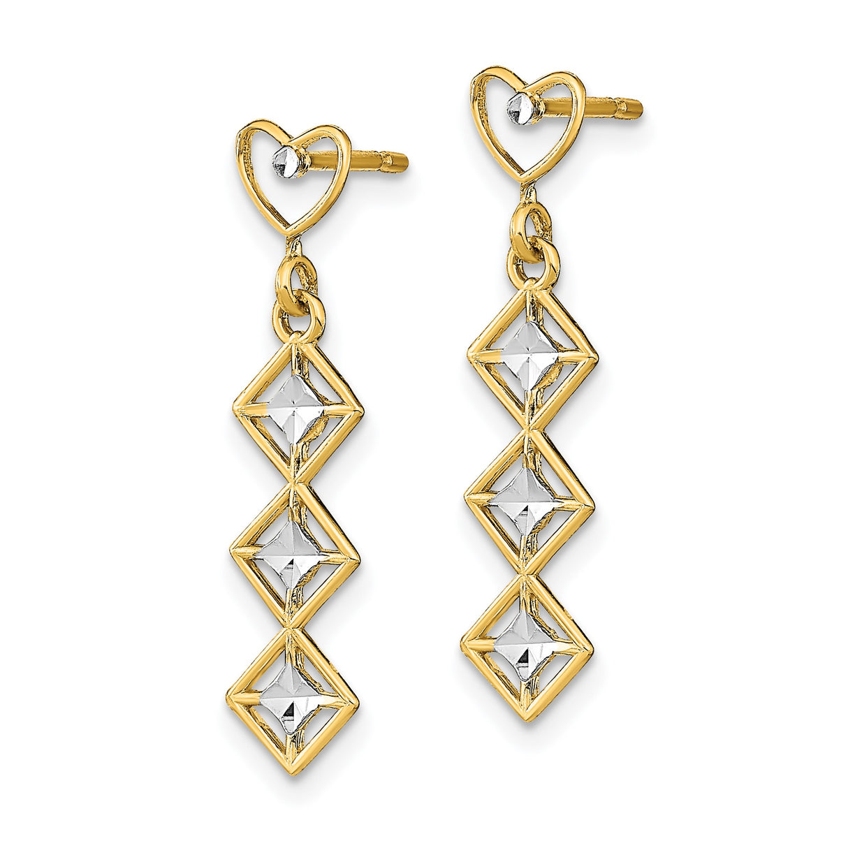 14k Yellow Gold Dangle Earrings, Open Heart Post with Diamond-Shaped Accents, Geometric Drop Design