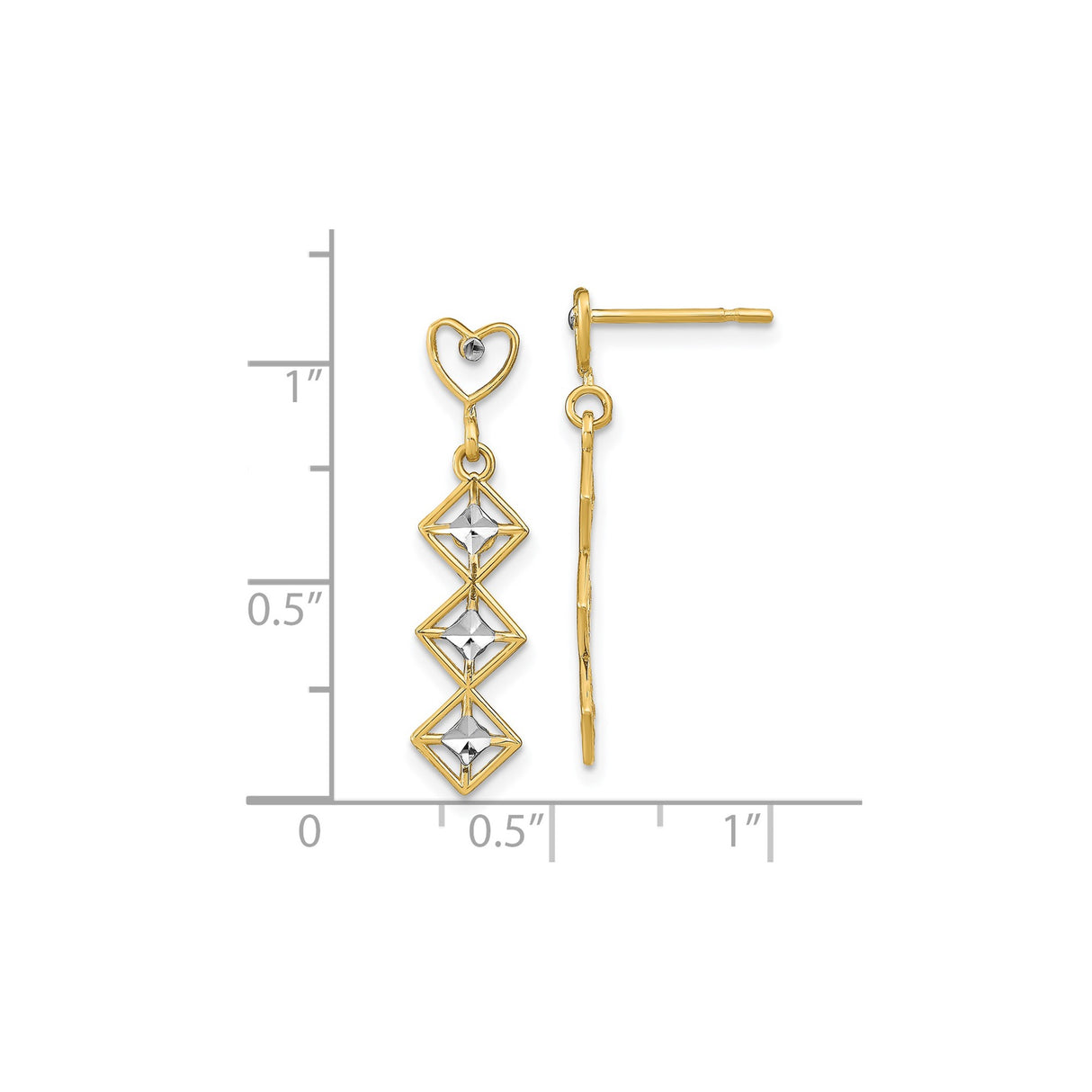 14k Yellow Gold Dangle Earrings, Open Heart Post with Diamond-Shaped Accents, Geometric Drop Design