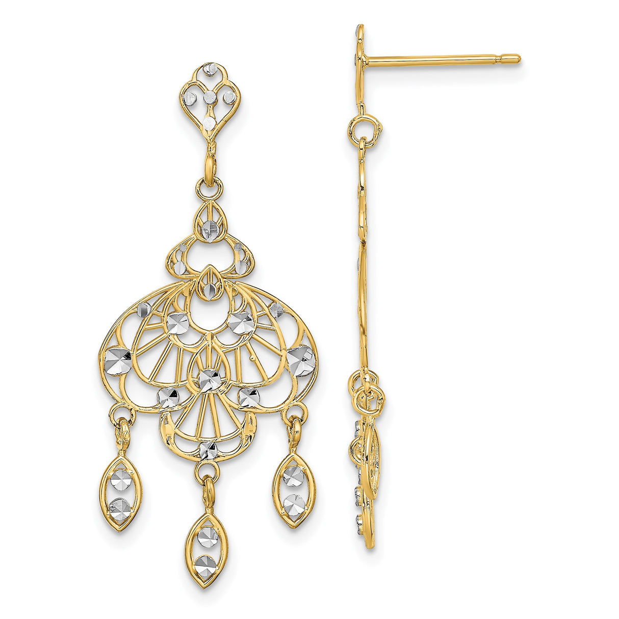 14k Yellow Gold Chandelier Drop Earrings with Teardrop Dangles and Filigree Design