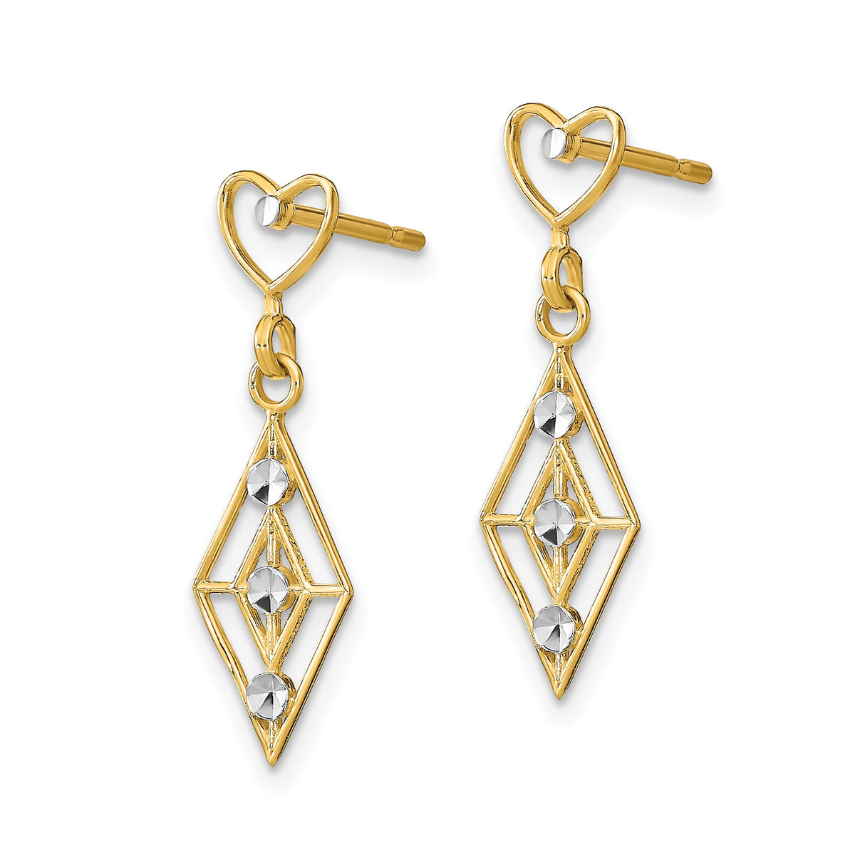 14k Yellow Gold Dangle Earrings with Open Heart Top and Geometric Drop Design