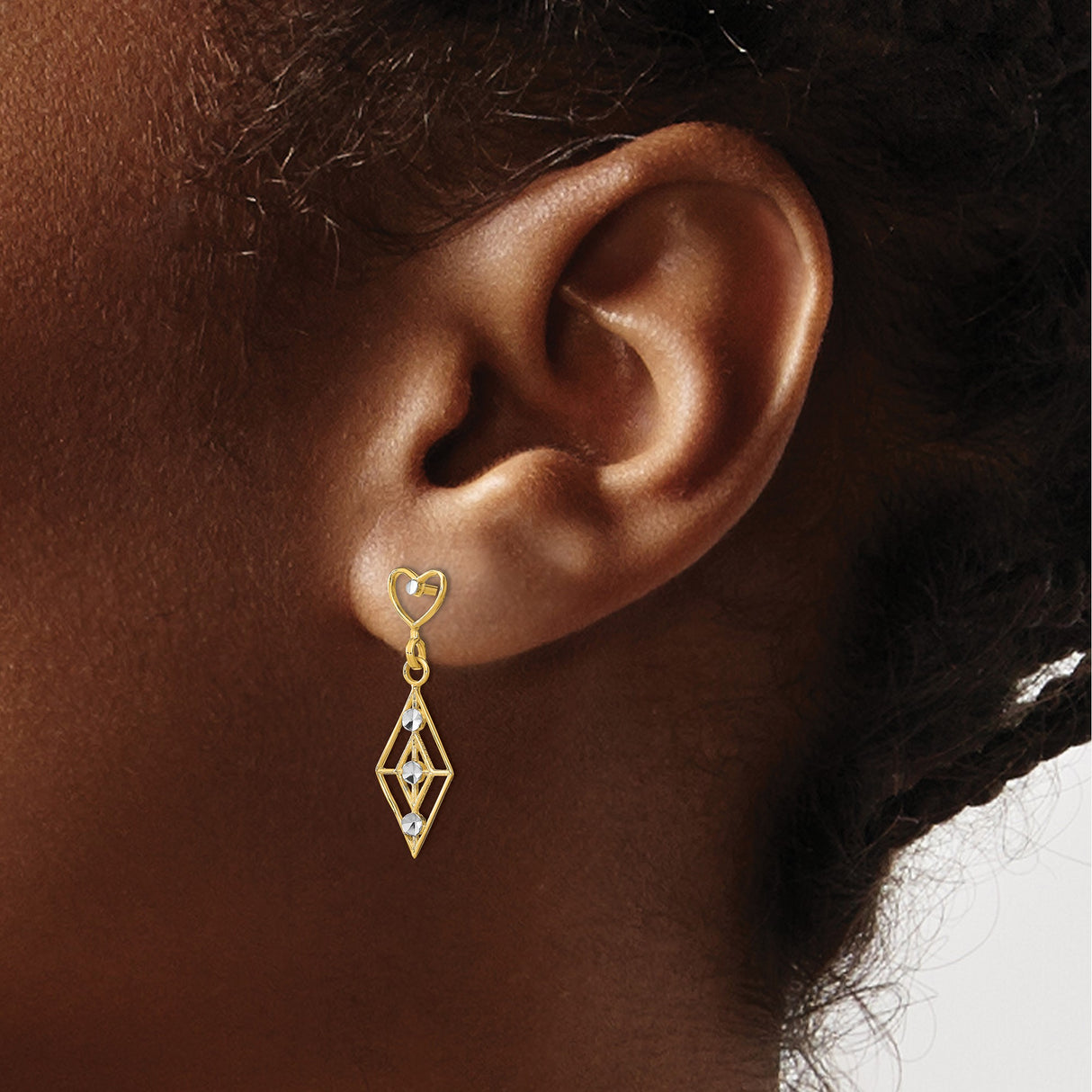 14k Yellow Gold Dangle Earrings with Open Heart Top and Geometric Drop Design