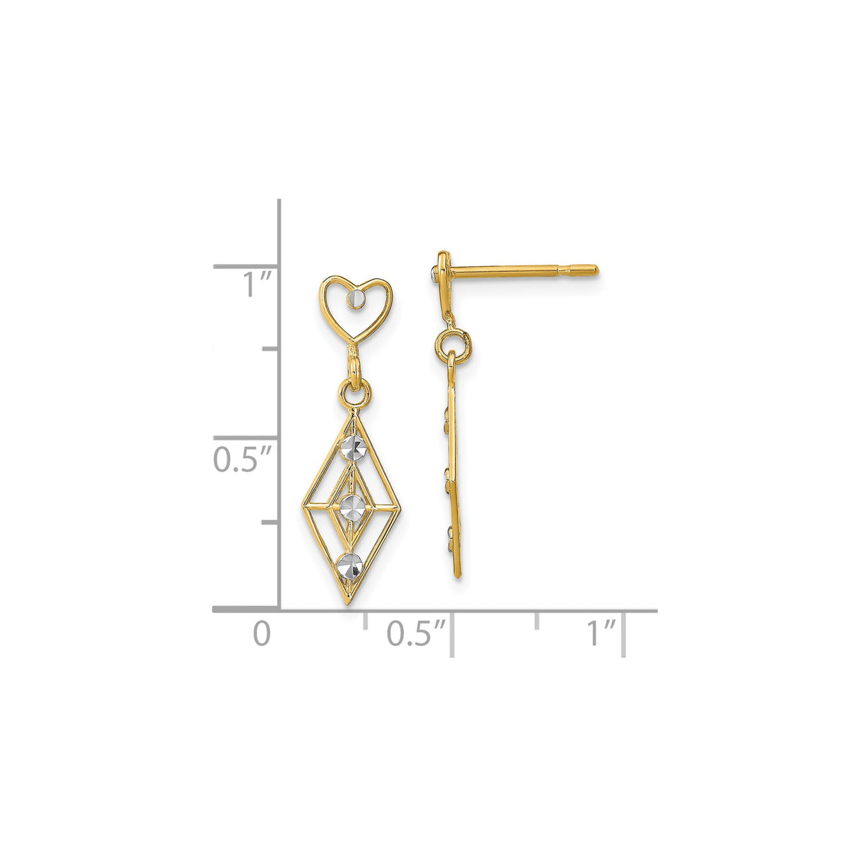 14k Yellow Gold Dangle Earrings with Open Heart Top and Geometric Drop Design