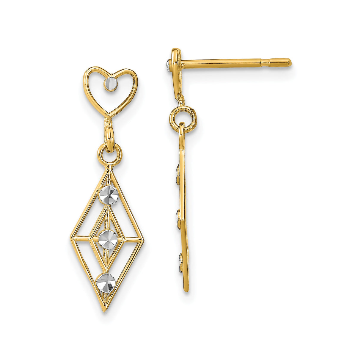 14k Yellow Gold Dangle Earrings with Open Heart Top and Geometric Drop Design