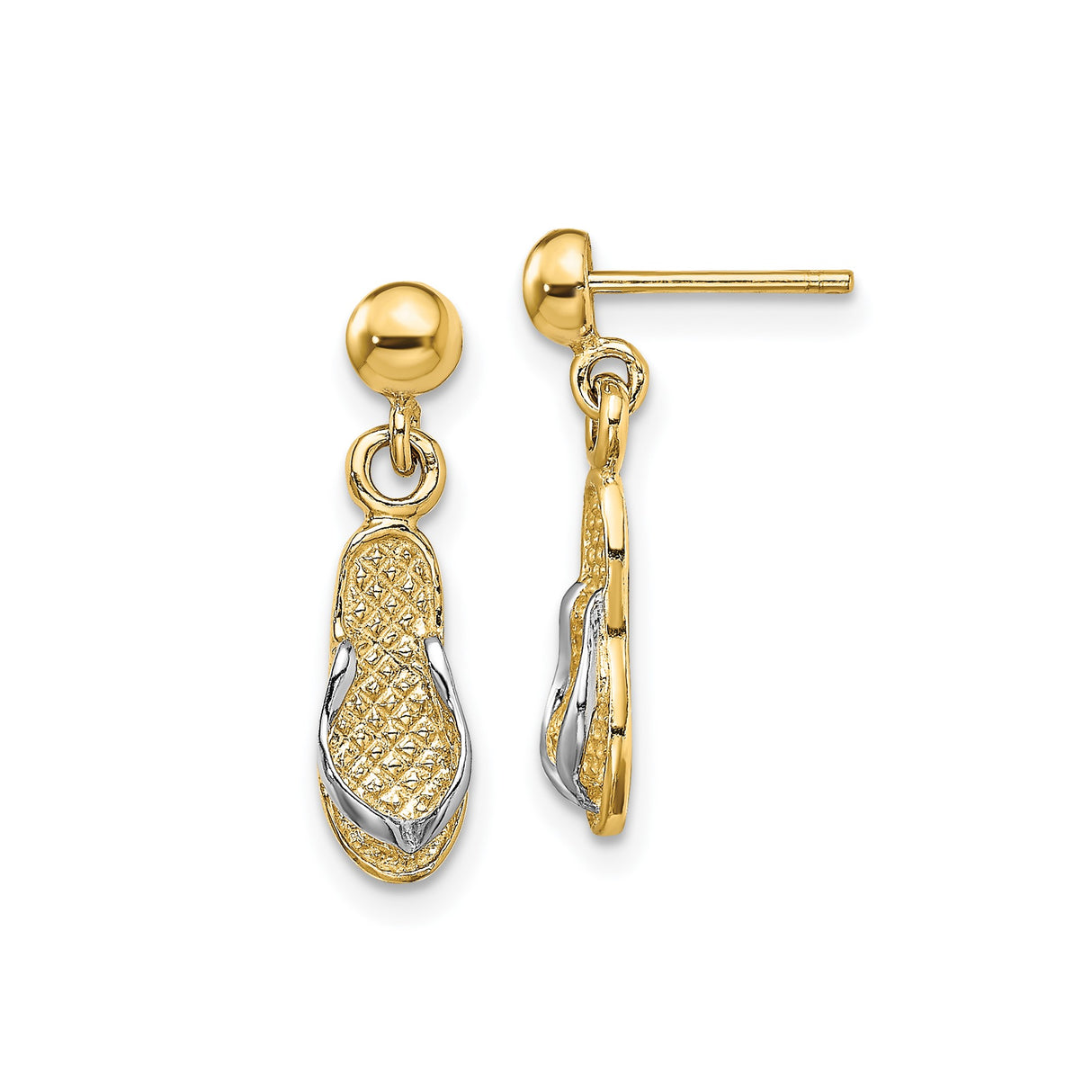 14k Yellow Gold Flip Flop Charm Earrings, Beach Theme Dangle Design with Leverback Closure