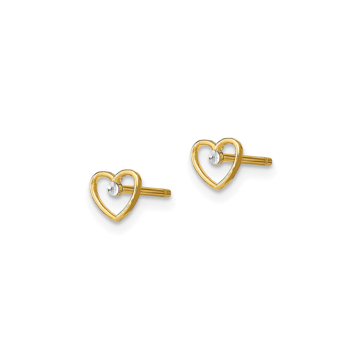 14k Yellow Gold Open Heart Stud Earrings with Rhodium Accent for Women