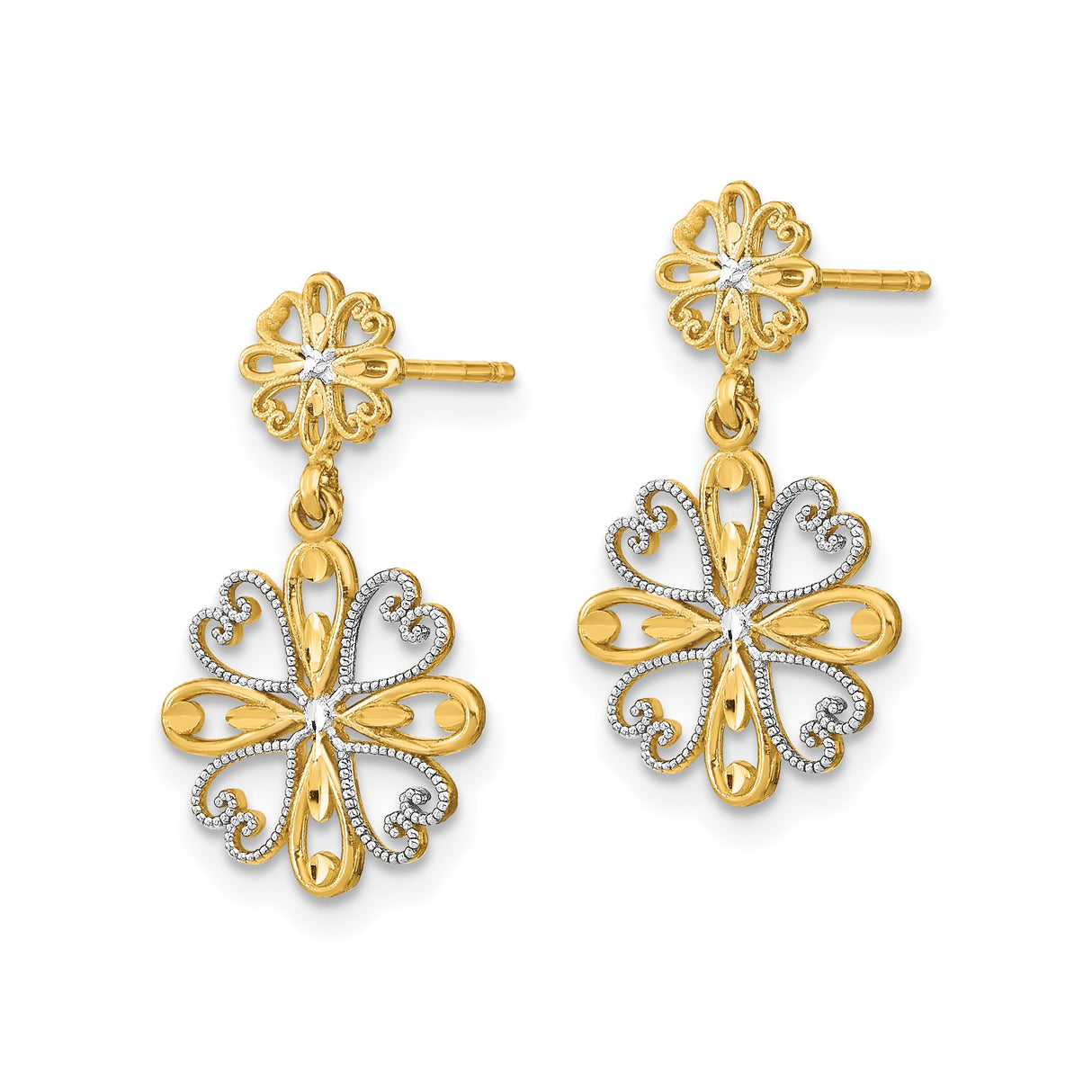 14k Yellow Gold Cross Dangle Earrings, Dual-Tone Filigree Heart and Floral Design for Women