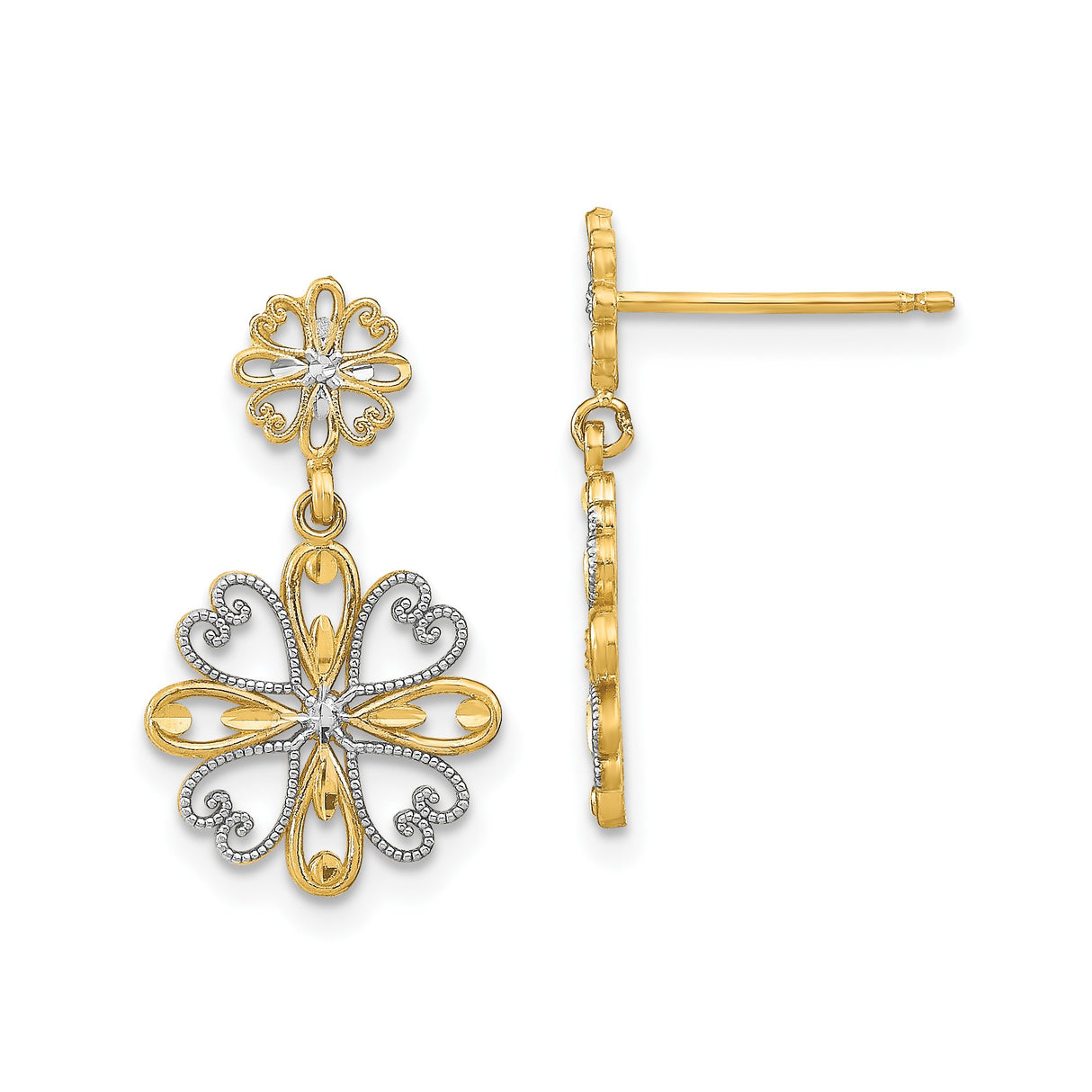 14k Yellow Gold Cross Dangle Earrings, Dual-Tone Filigree Heart and Floral Design for Women