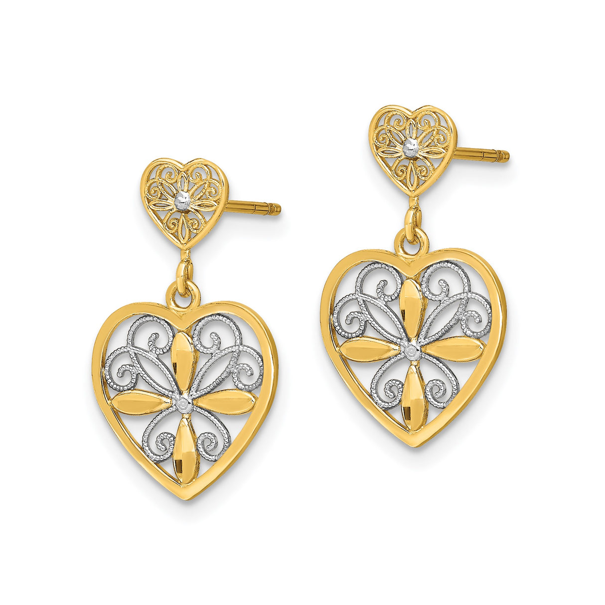 14k Yellow Gold Heart Dangle Earrings with Floral Filigree and Diamond-Cut Accents