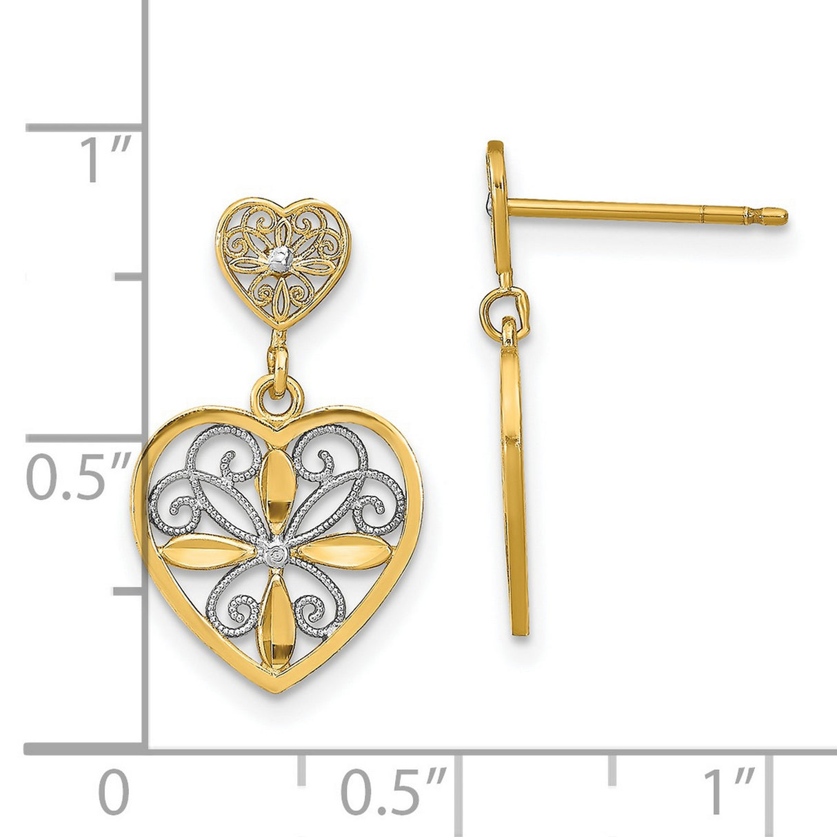14k Yellow Gold Heart Dangle Earrings with Floral Filigree and Diamond-Cut Accents