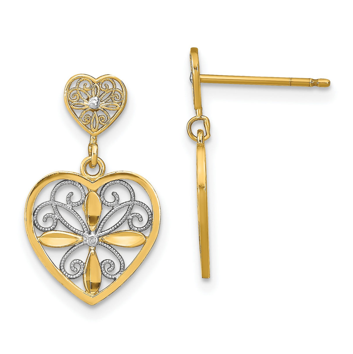 14k Yellow Gold Heart Dangle Earrings with Floral Filigree and Diamond-Cut Accents