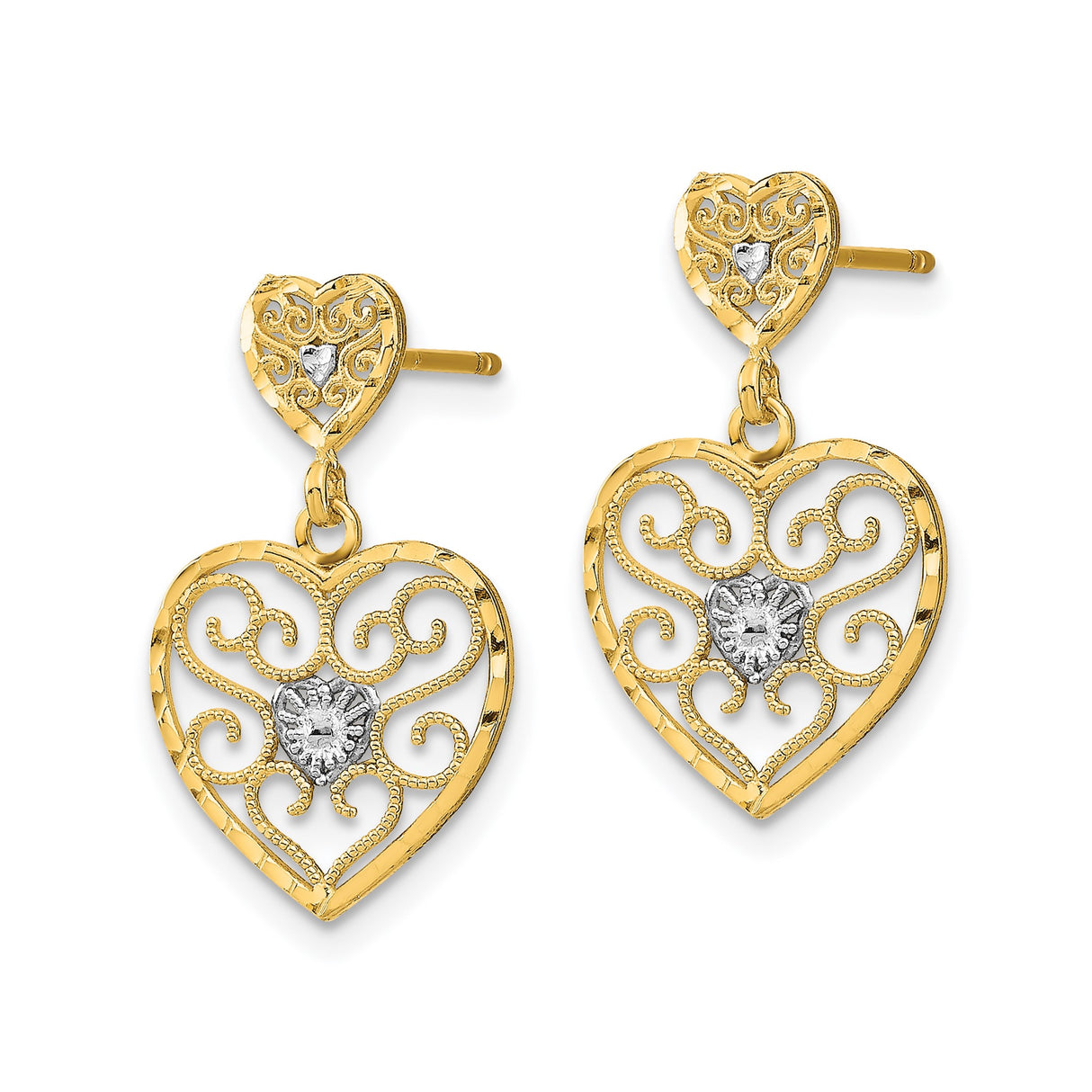 14k Yellow Gold Dangle Earrings with Rhodium Accent, Openwork Heart and Filigree Scroll Design