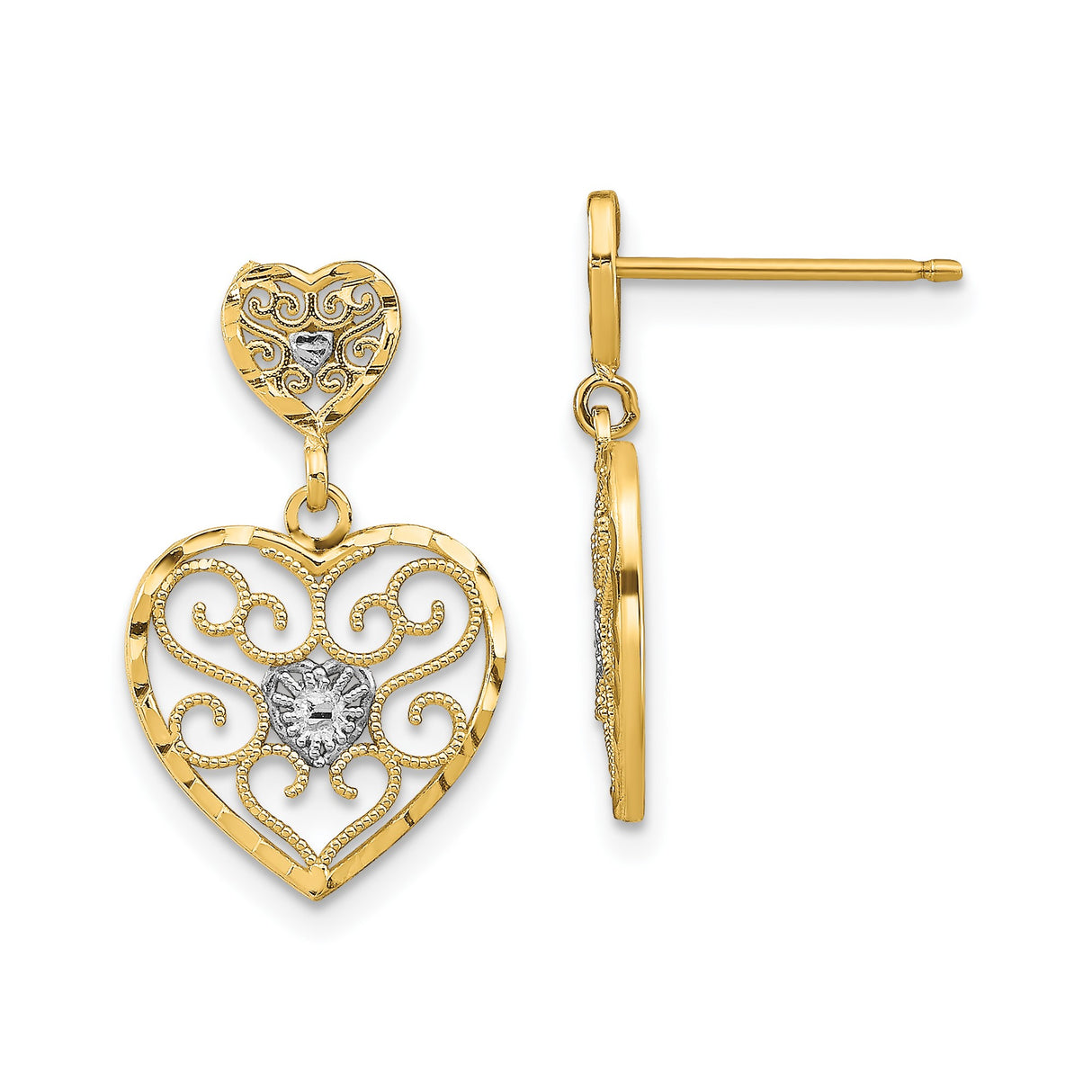 14k Yellow Gold Dangle Earrings with Rhodium Accent, Openwork Heart and Filigree Scroll Design