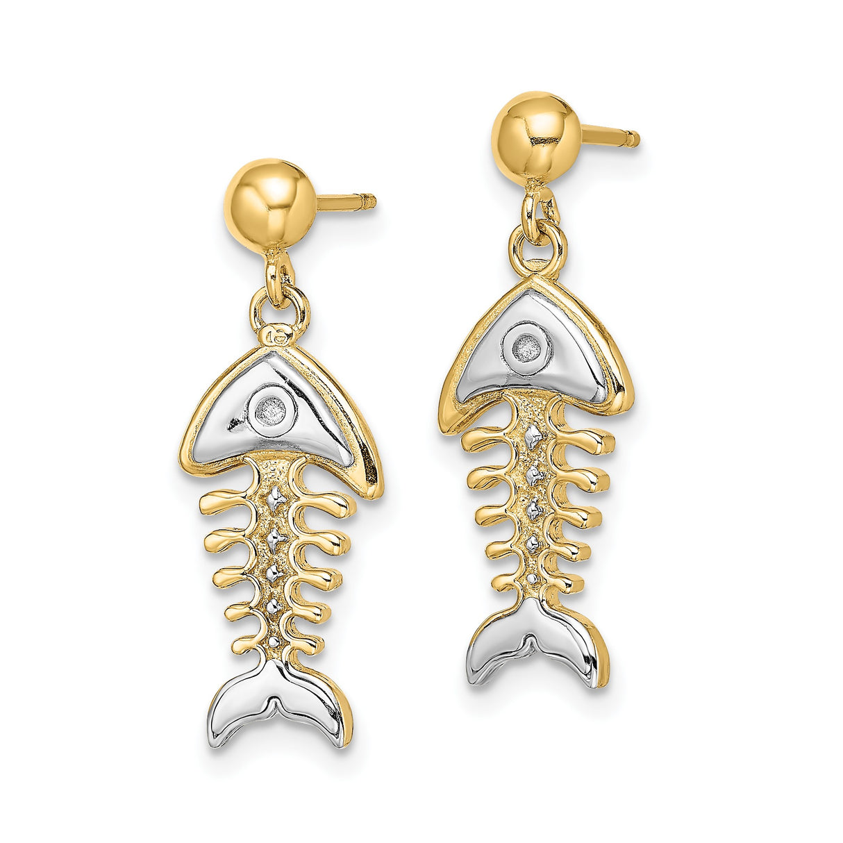 14k Yellow Gold Dangle Earrings with Diamond Accents, Fishbone Nautical Design