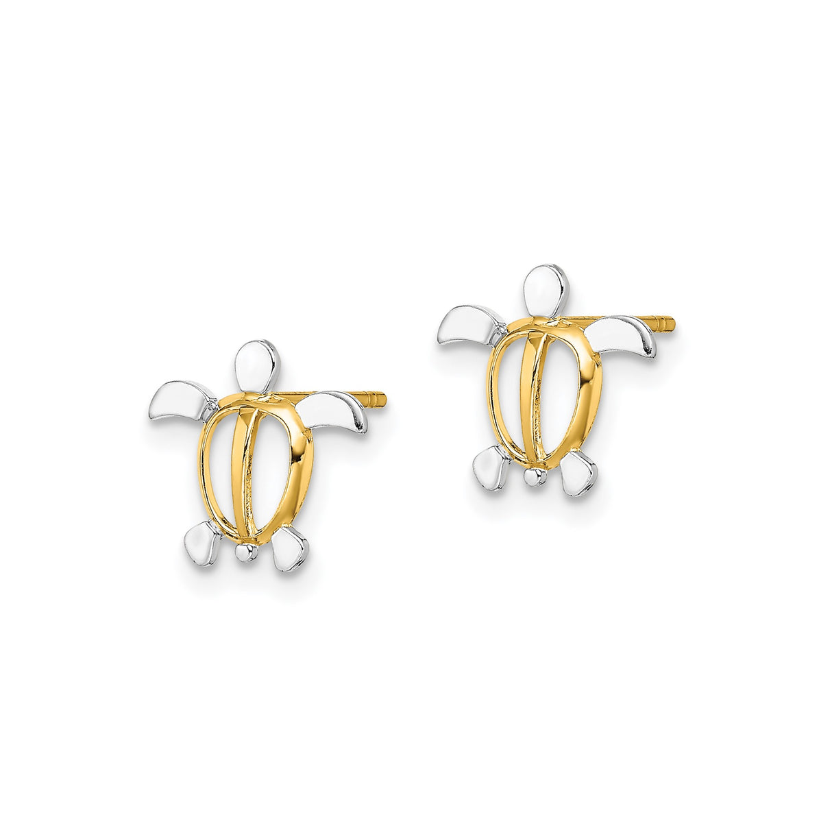 14k Yellow Gold Sea Turtle Stud Earrings, Two Tone Marine Motif Animal Design for Women