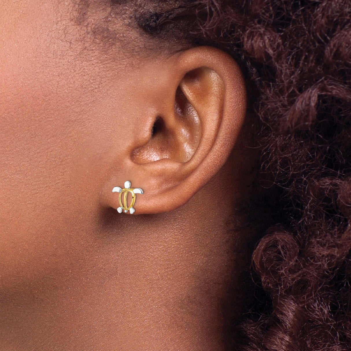 14k Yellow Gold Sea Turtle Stud Earrings, Two Tone Marine Motif Animal Design for Women