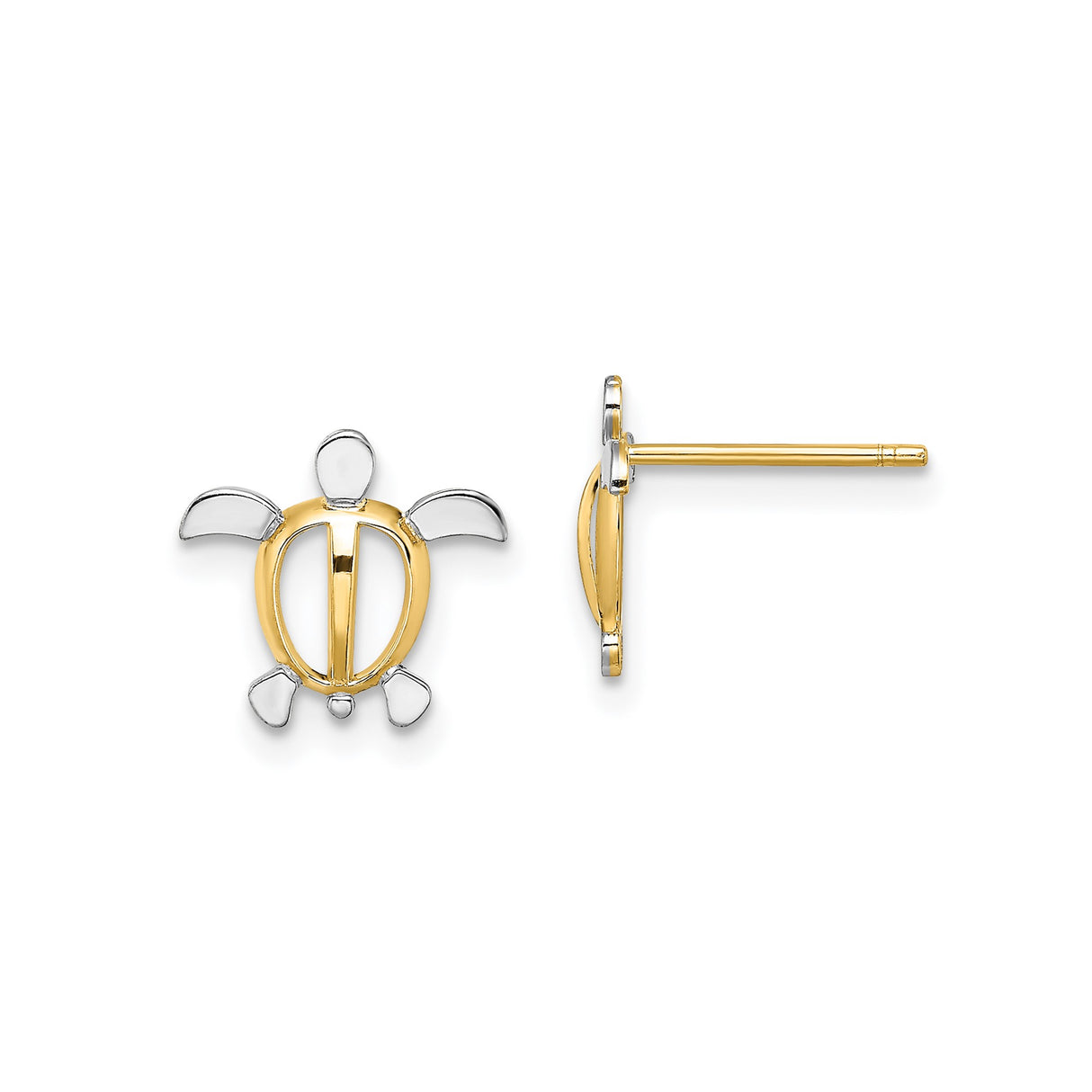 14k Yellow Gold Sea Turtle Stud Earrings, Two Tone Marine Motif Animal Design for Women