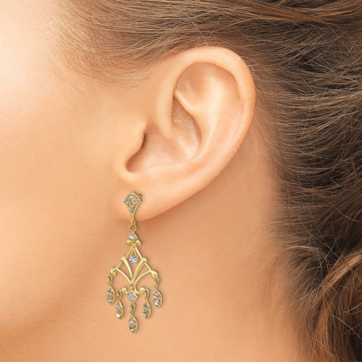 14k Yellow Gold Chandelier Earrings with Openwork Design and Diamond-Cut Accents