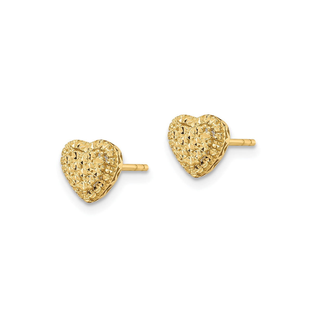 14k Yellow Gold Heart Stud Earrings with Diamond Cut Textured Design