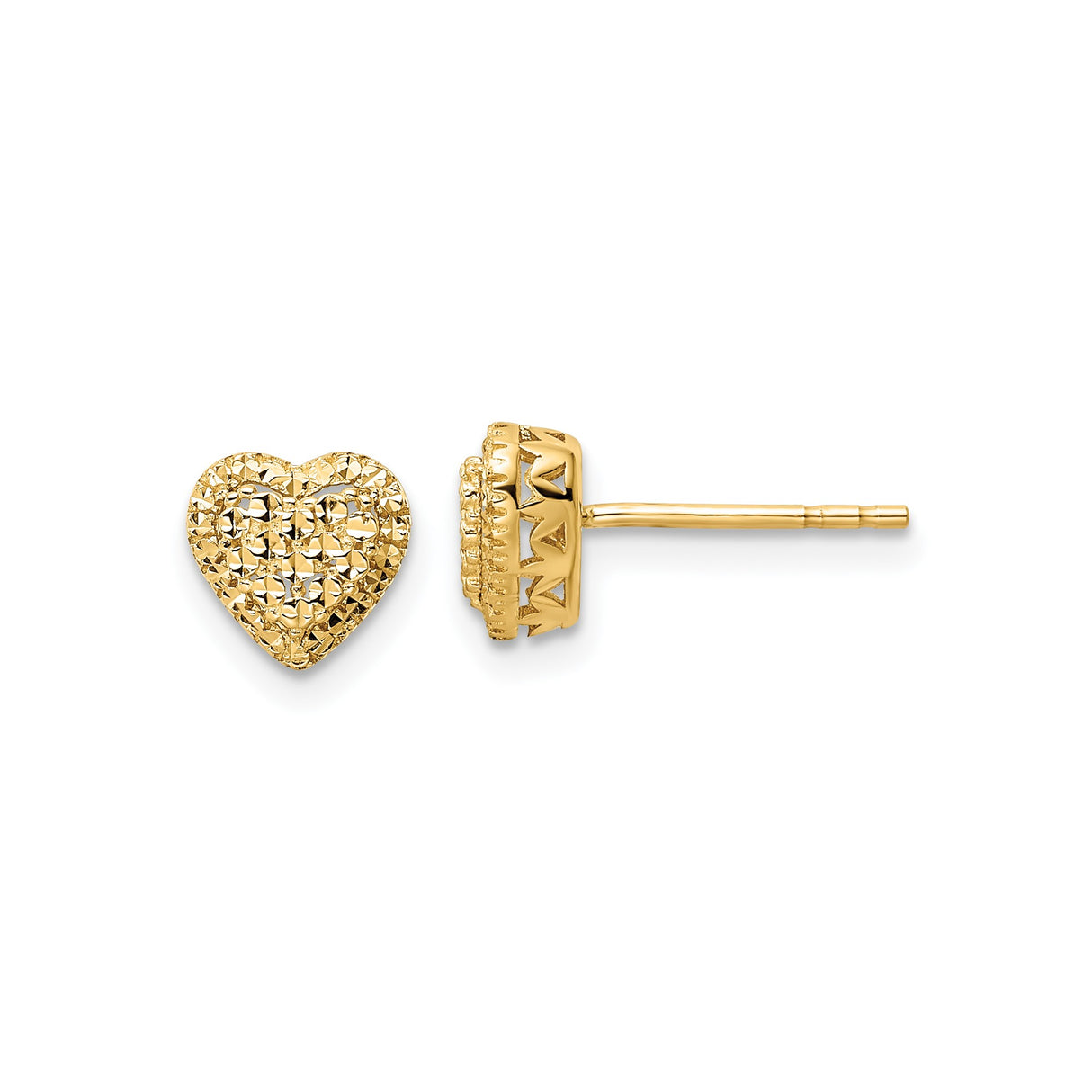 14k Yellow Gold Heart Stud Earrings with Diamond Cut Textured Design