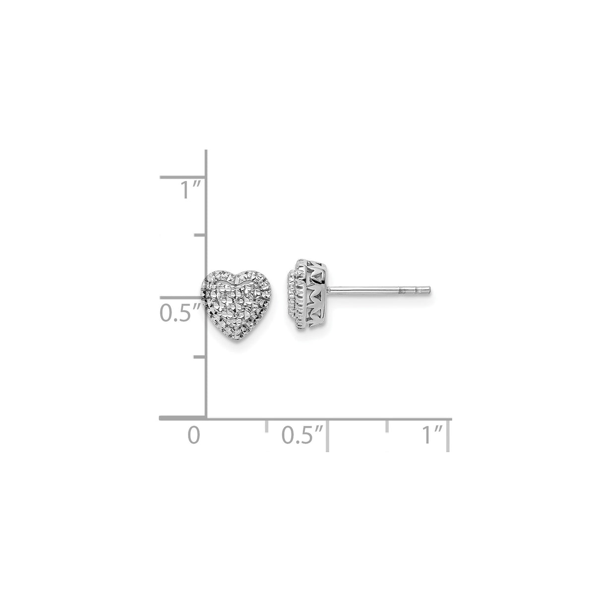 14k White Gold Heart Stud Earrings, Diamond-Cut Textured Lightweight Design for Women