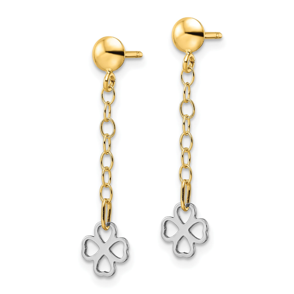 14k Two-Tone Gold Dangle Earrings with Chain Drop and Openwork Four-Leaf Clover Charm