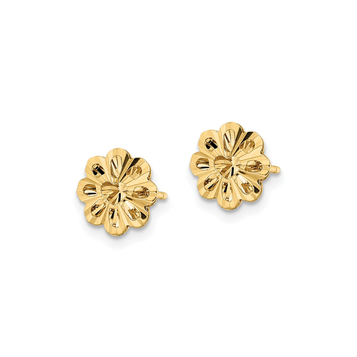 14k Yellow Gold Flower Stud Earrings with Scalloped Petal Design and Heart Center