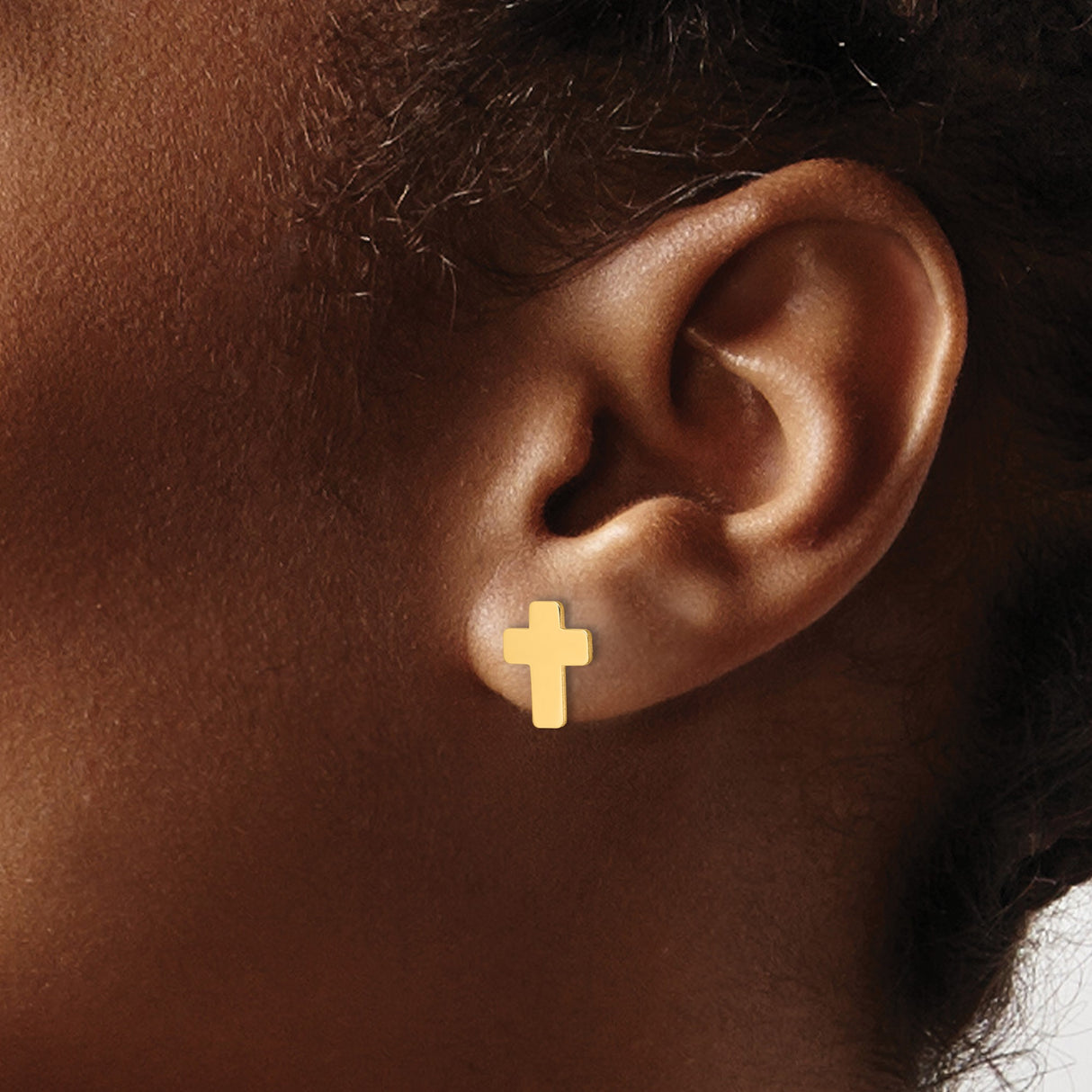 14k Yellow Gold Cross Stud Earrings, Polished Christian Faith Jewelry for Women and Unisex Wear