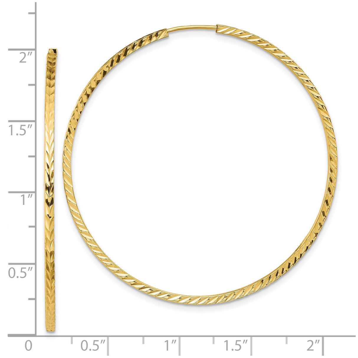 14k Yellow Gold Hoop Earrings, Large Thin Diamond Cut Textured Endless Hoops for Women