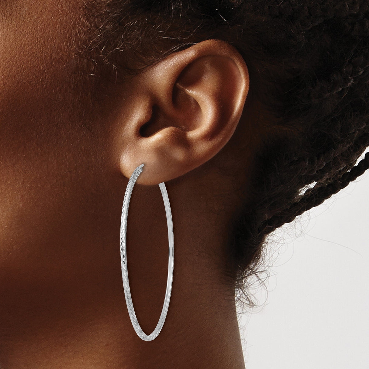 14k White Gold Hoop Earrings, Large Textured Chevron Pattern Diamond Cut Hoops for Women
