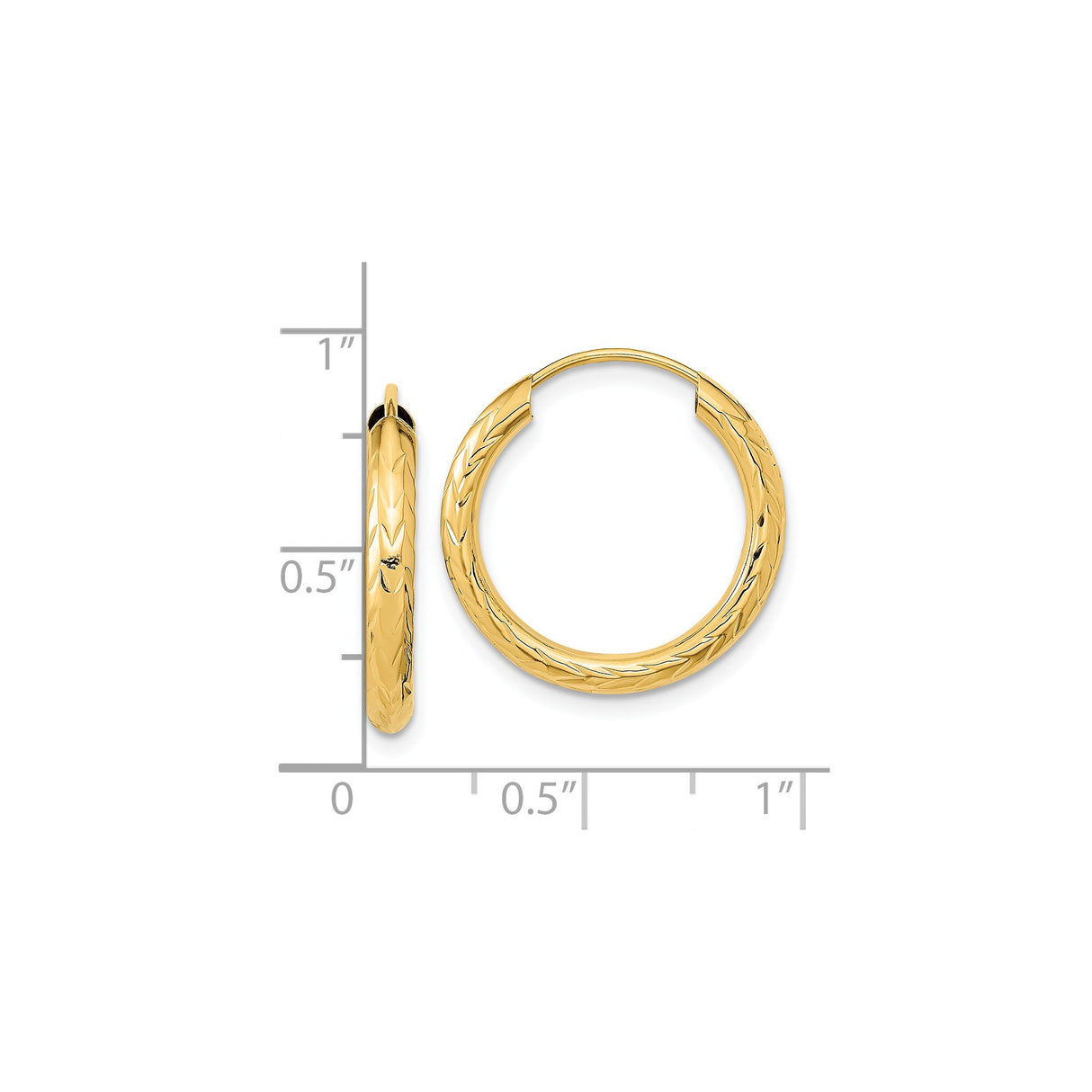 14k Yellow Gold Hoop Earrings, Textured Diamond Cut Leaf Design, Polished Finish, Medium Size