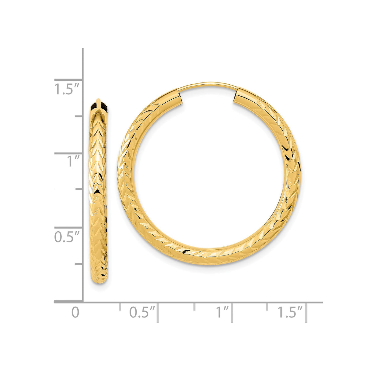 14k Yellow Gold Hoop Earrings, Diamond Cut Textured Design with Polished Finish