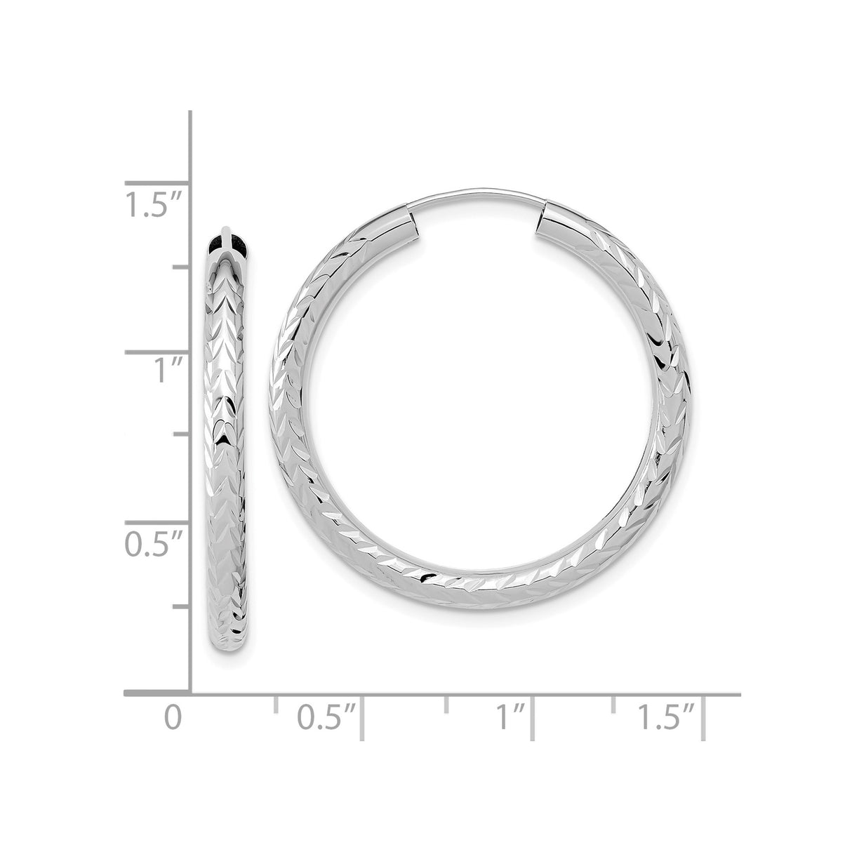 14k White Gold Hoop Earrings with Diamond Cut and Chevron Texture, Lightweight Round Design