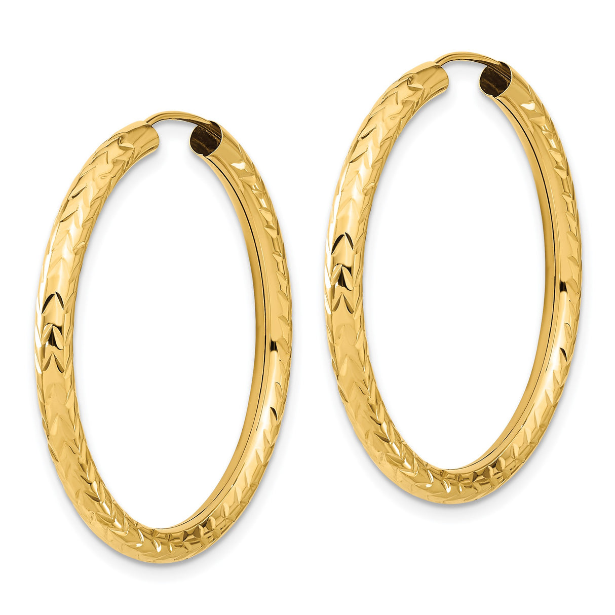 14k Yellow Gold Hoop Earrings, Diamond Cut Textured Lightweight Style for Women